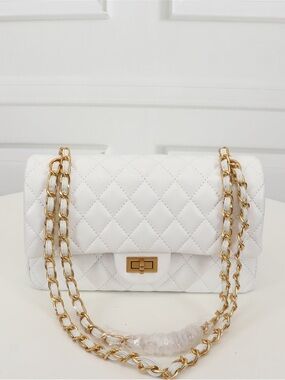 White Quilted Shoulder Bag with Gold Chain Strap